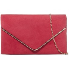 H&G Ladies Faux Suede Clutch Bag Envelope Metallic Frame Plain Design - Red