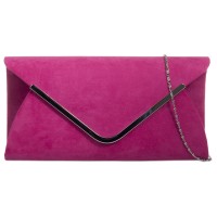 Ladies Medium Sized Faux Suede Envelope Clutch Bag - Fuchsia